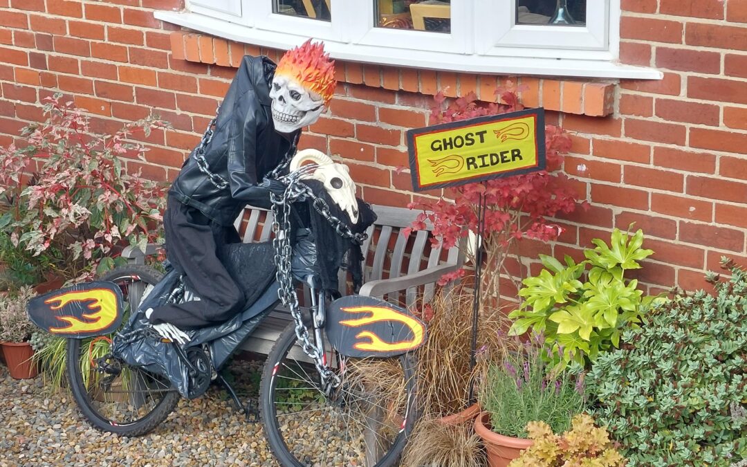 A screcrow dressed as Ghost Rider